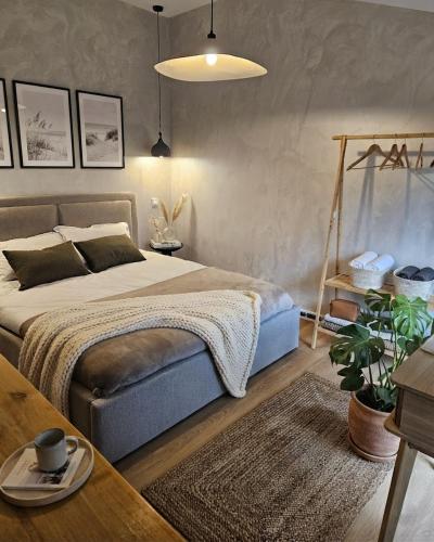 a bedroom with a large bed and a table at PineHills in Mărişel
