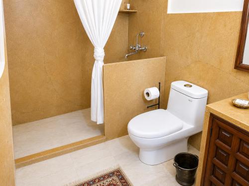 a bathroom with a white toilet and a shower at Killa Bhawan Lodge in Jaisalmer
