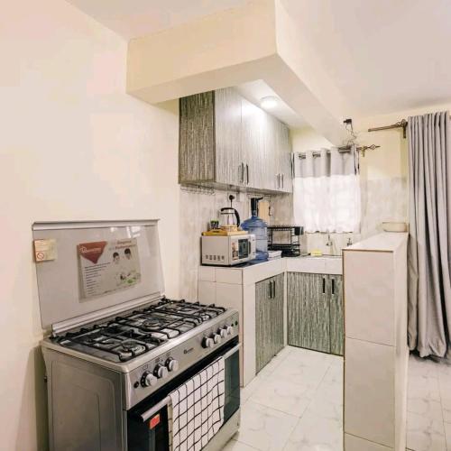 a kitchen with a stove top oven in a kitchen at Cozy stays in Giachumi