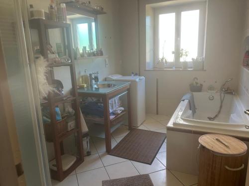 a bathroom with a tub and a sink and a bath tub at La maison bleue de Béa in Musigny