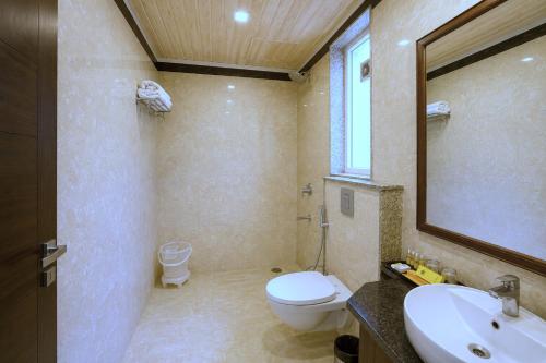 a bathroom with a toilet and a sink and a mirror at Red Tullip Md Valley Resort & Spa - Luxury Resort With Swimming Pool, Udaipur in Udaipur