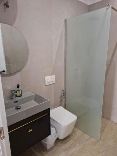 a bathroom with a toilet and a sink and a shower at Vila Familjare Vlore in Vlorë