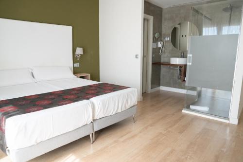a bedroom with a large bed and a shower at Añoreta Suites in Rincón de la Victoria