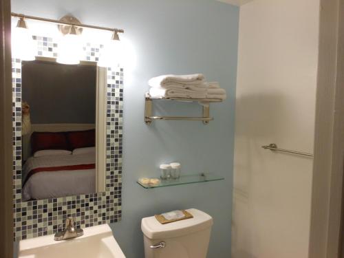 a bathroom with a mirror and a sink and a toilet at Grant Plaza Hotel in San Francisco
