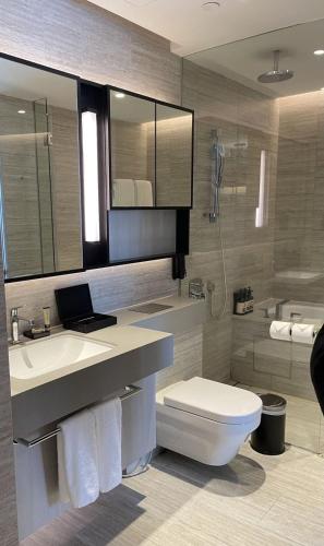 a bathroom with a sink and a toilet and a mirror at Hotel Amar Raja in Kurukshetra