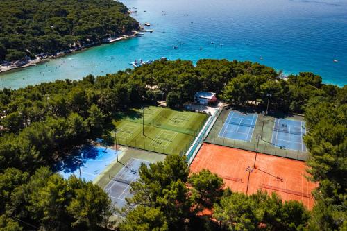 an aerial view of a tennis court next to the water at Pine Beach Bungalows all inclusive in Pakoštane