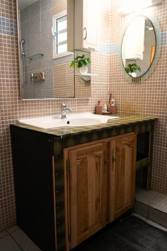 a bathroom with a sink and a mirror at Bungalow Le Cocotier in Sainte-Rose