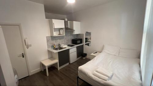 a small room with a bed and a small kitchen at Spacious Studio on Wood Lane in London