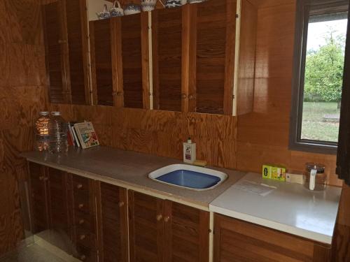 a kitchen counter with a sink and a window at Kemp pro karavan a stan s chatkou in Veselí nad Moravou