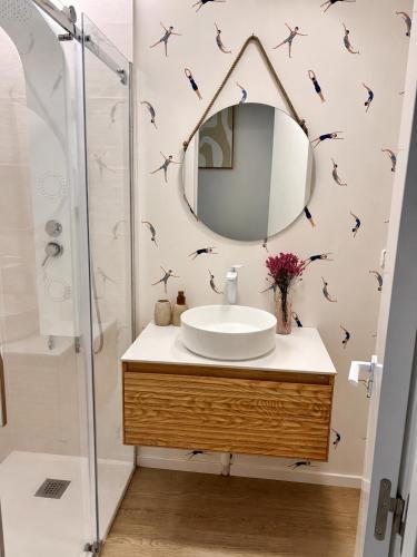 a bathroom with a sink and shower with birds on the wall at Apartamento Mar de Cruz in Pontevedra