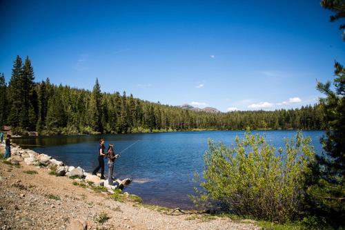a man and a woman and a dog standing next to a lake at Snowflower Camping Resort Wheelchair Accessible Cottage 8 in Emigrant Gap