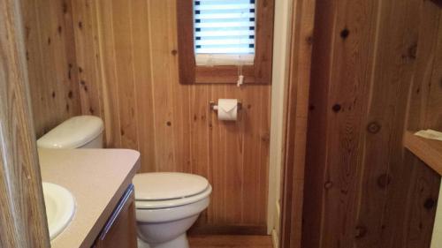 baño con aseo y lavabo y ventana en Snowflower Camping Resort Cabin 4 en Emigrant Gap
