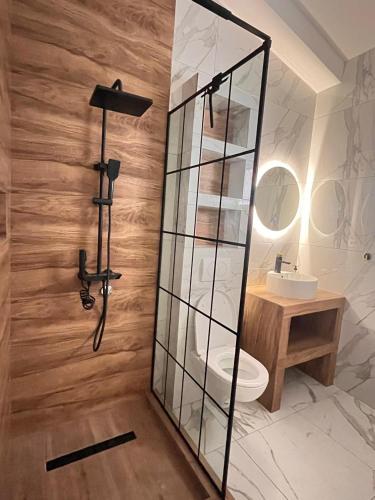 a bathroom with a mirror and a toilet and a sink at Apartman Jana in Bar
