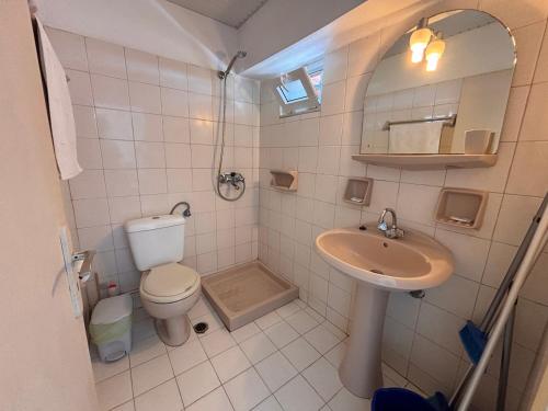 a small bathroom with a toilet and a sink at Explorer's Rest in Argassi