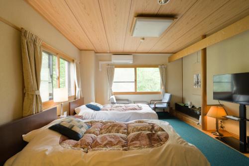 a bedroom with two beds and a flat screen tv at Hakuba Yamano Hotel in Hakuba