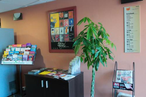 a waiting room with a potted plant next to a wall at KOSY Appart'Hôtels - Campus Del Sol Esplanade in Montfavet