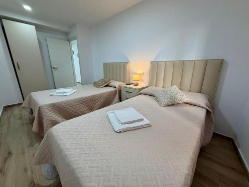 a bedroom with two beds and a mirror at Apartamentos TORRE DE LARA in Molina de Aragón