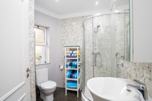 a bathroom with a toilet and a sink and a shower at Dois Moinhos Do Vento, Santo Estevão in Santo Estêvão