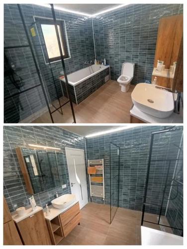 two pictures of a bathroom with a sink and a toilet at Matei tiny house in Grinţieşu Mic