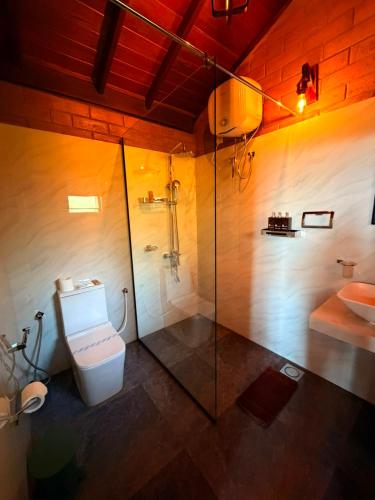 a bathroom with a toilet and a shower and a sink at Tree Trails Sigiriya in Sigiriya