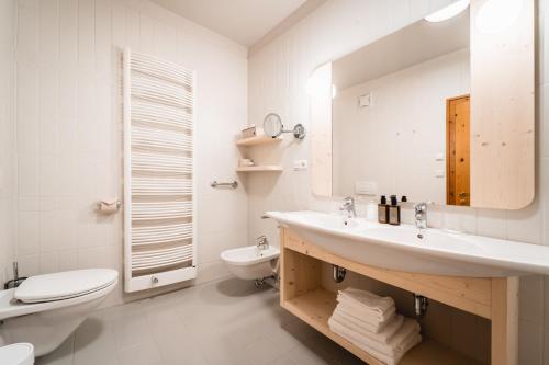 a bathroom with a sink and a toilet and a mirror at Naturhotel Leitlhof in San Candido
