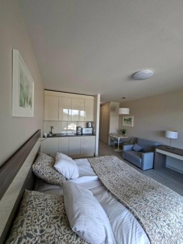 a bedroom with a large bed and a living room at Apartament Bormio MarsMed in Biała Woda