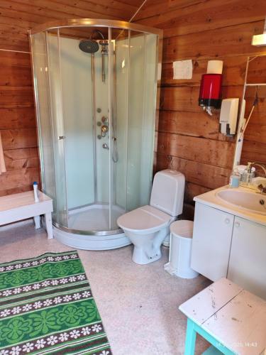 a bathroom with a shower and a toilet and a sink at Reisa River Lodge in Potka
