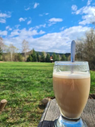 a cup of coffee sitting on a table in a field at Erdőszéli vendégház in Ghiduţ
