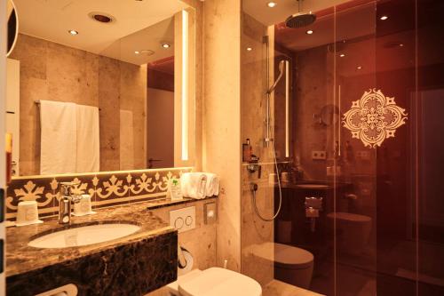 a bathroom with a sink and a shower and a toilet at Hotel Halm Konstanz in Konstanz