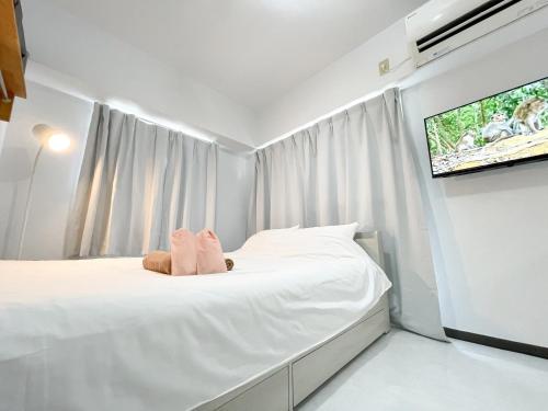 a white bedroom with a bed and a tv at Kameari 1111 - 11F Newly Renovated High Floor City View 2min to Mall 5min to Station Disney Access in Tokyo