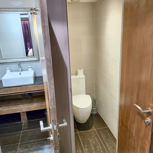 a bathroom with a toilet and a sink at Le Cocon des 2 Alpes, Spa, Jacuzzi, Piscine Chauffee in Les Deux Alpes