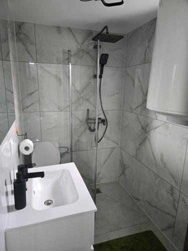 a bathroom with a shower and a sink at Casa Valor in Lacu Rosu