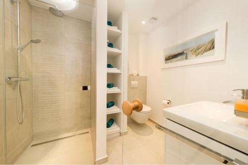 a bathroom with a shower and a toilet at Ferienhäuser TraumZeit in Zingst