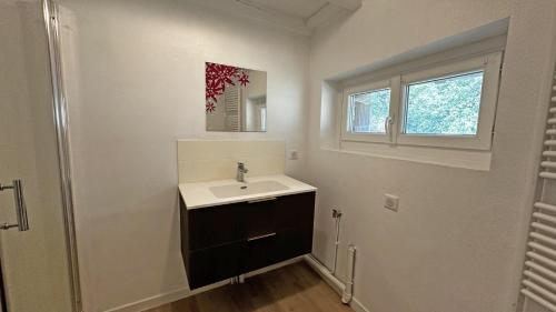 a bathroom with a sink and a window at Le charron in Saint-Mathieu