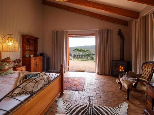a bedroom with a bed and a fireplace and a window at Swartklip Game Lodge in Riversdale