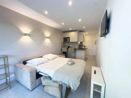 a bedroom with a bed and a couch and a television at Sublime apartment - Beachfront in Saint-Laurent-du-Var