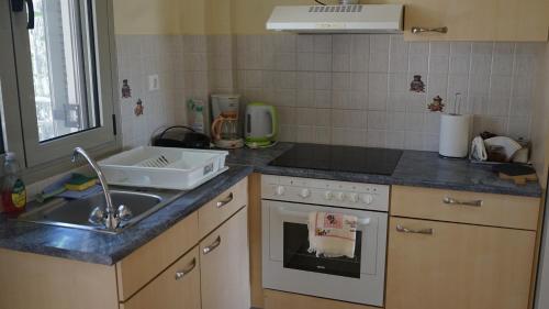 eine Küche mit Spüle und Herd Oberer Backofen in der Unterkunft Asfodelos Apartment Hotel in Kakovatos