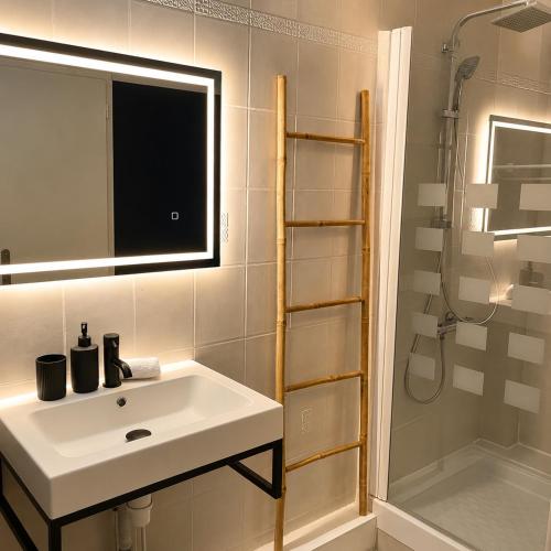 a bathroom with a white sink and a shower at Le Petit Loft Vosgien -Escapade nature & cosy in Cornimont