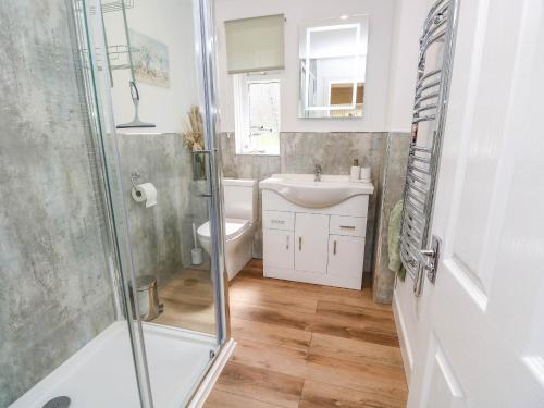 a bathroom with a shower and a sink and a toilet at The Old Post Office in Ventnor