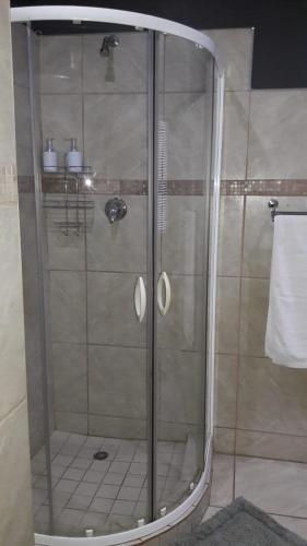 a shower with a glass door in a bathroom at Feathers Guest House in Welkom