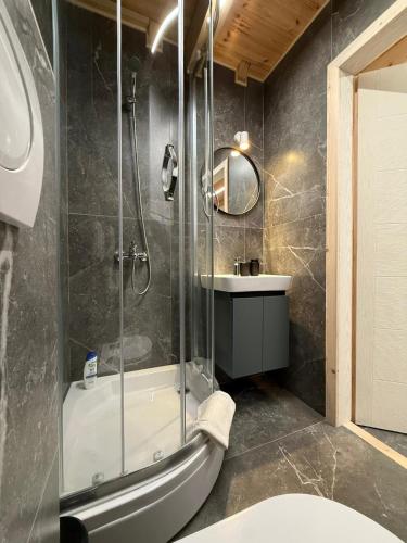 a bathroom with a shower and a tub and a sink at Stella Alpina in Žabljak