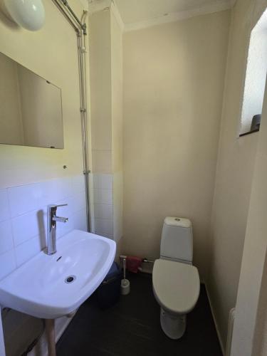a bathroom with a white sink and a toilet at Ljusnefors Camping in Ljusne