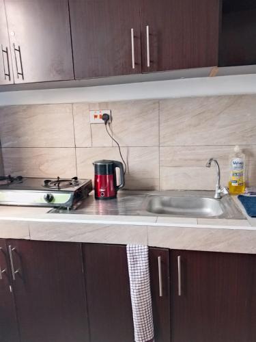 a kitchen counter with a stove and a sink at Asante Studio in Mtwapa