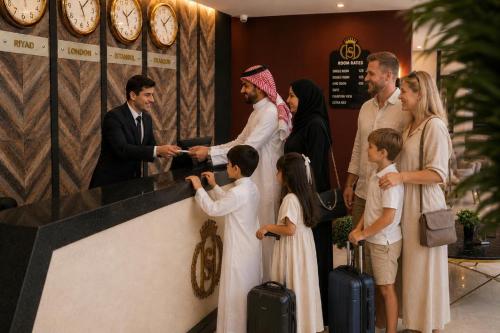 a group of people standing around a counter with luggage at SWEET HOME SUiTE HOTEL in Trabzon