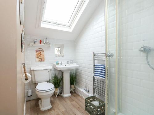 a bathroom with a toilet and a sink and a skylight at Hideaway Cottage in Hunstanton