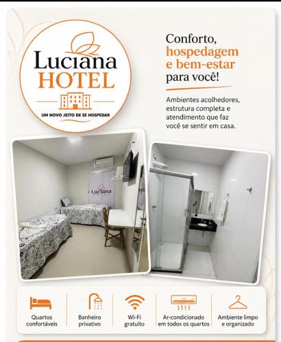 a flyer for a hotel with a picture of a bedroom at HOTEL LUCIANA in Serrinha
