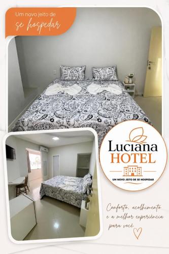 two pictures of a bedroom with a bed in a room at HOTEL LUCIANA in Serrinha