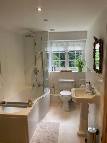 a bathroom with a tub and a toilet and a sink at Thorn Tree Garth in Coulton