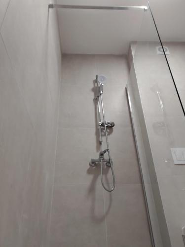 a shower in a bathroom with a glass wall at Apartman Ika 2 in Kruševo