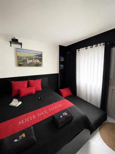 a bedroom with a black bed with red pillows at La Suite Nocturne Climatisée avec écran Cinéma in Fère-en-Tardenois